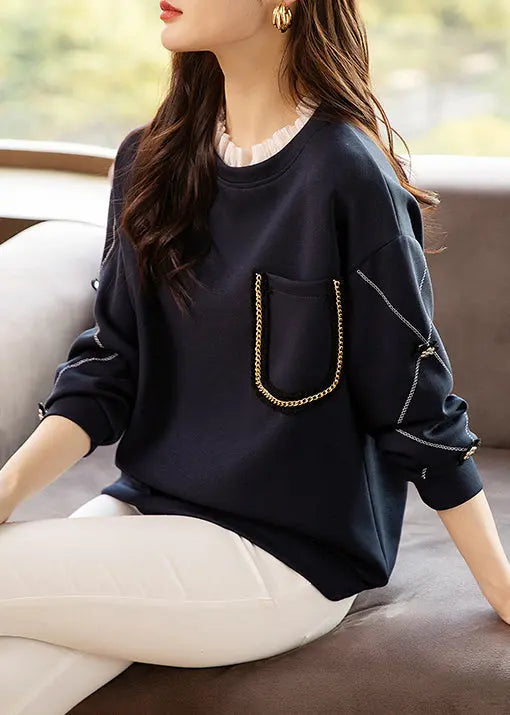 Navy Lace Patchwork Cotton Sweatshirt O Neck Long Sleeve Ada Fashion