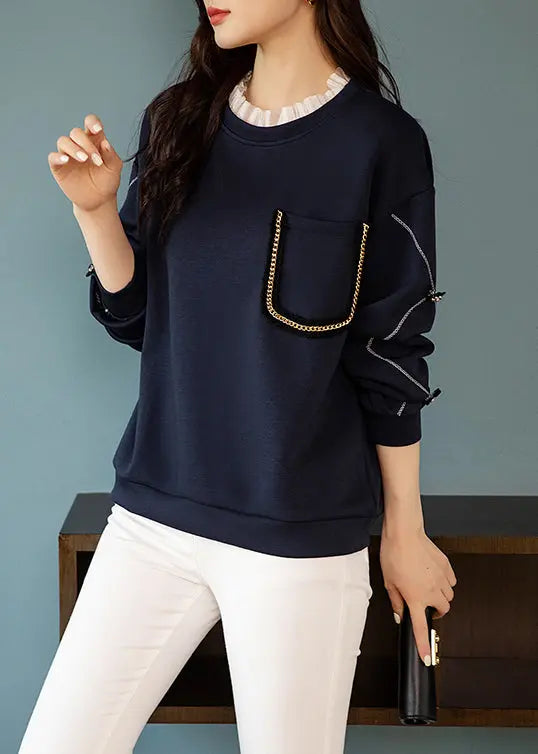 Navy Lace Patchwork Cotton Sweatshirt O Neck Long Sleeve Ada Fashion