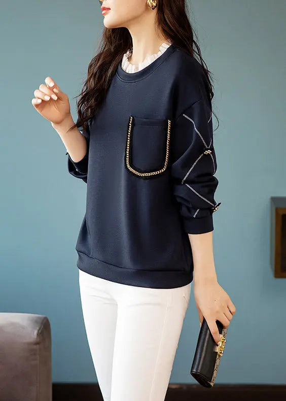 Navy Lace Patchwork Cotton Sweatshirt O Neck Long Sleeve Ada Fashion