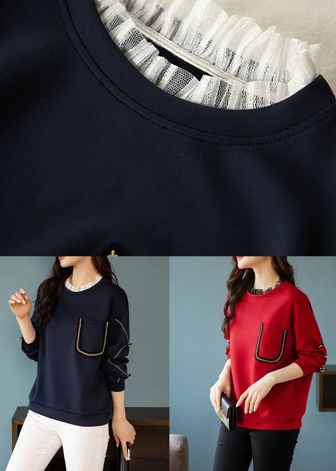 Navy Lace Patchwork Cotton Sweatshirt O Neck Long Sleeve Ada Fashion