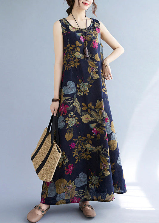 Navy Leaves Print O-Neck Short Sleeve Pleated Summer LC0060 - fabuloryshop