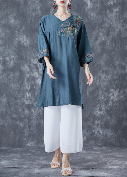 Navy Oversized Linen Mid Dress V Neck Embroideried Bracelet Sleeve LY5600 - fabuloryshop