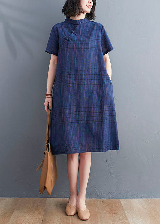 Navy Patchwork Cotton Dress Stand Collar Chinese Button Summer LY5653 - fabuloryshop