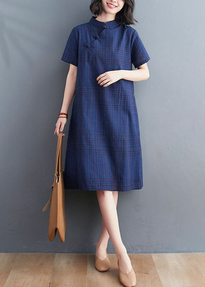 Navy Patchwork Cotton Dress Stand Collar Chinese Button Summer LY5653 - fabuloryshop