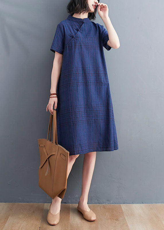 Navy Patchwork Cotton Dress Stand Collar Chinese Button Summer LY5653 - fabuloryshop