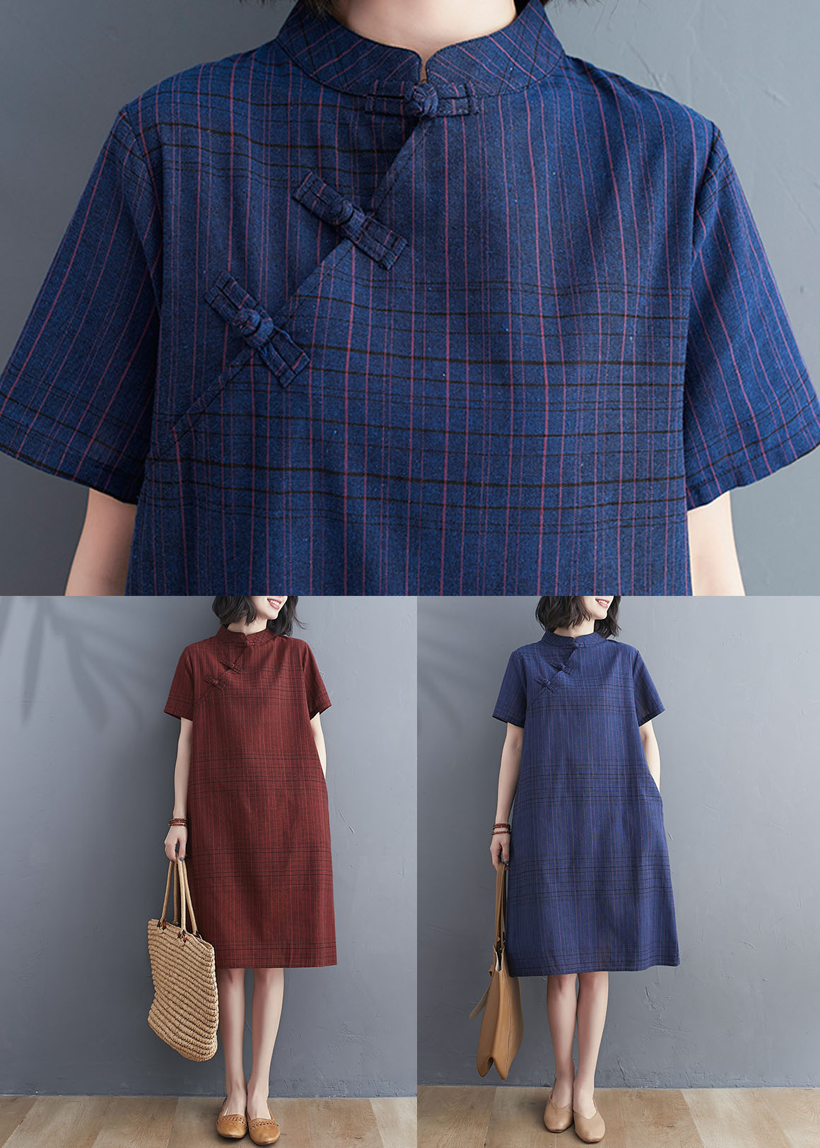 Navy Patchwork Cotton Dress Stand Collar Chinese Button Summer LY5653 - fabuloryshop