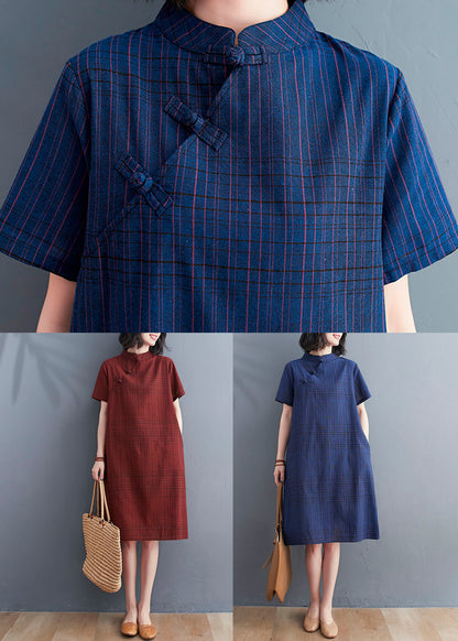 Navy Patchwork Cotton Dress Stand Collar Chinese Button Summer LY5653 - fabuloryshop