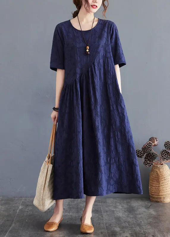 Navy Patchwork Cotton Dresses O-Neck Wrinkled Summer Ada Fashion