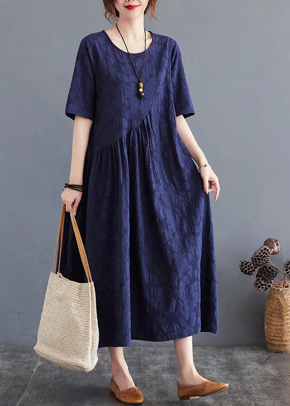 Navy Patchwork Cotton Dresses O-Neck Wrinkled Summer Ada Fashion