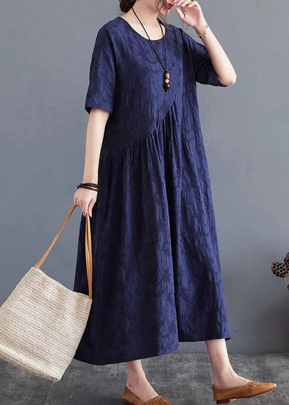 Navy Patchwork Cotton Dresses O-Neck Wrinkled Summer Ada Fashion