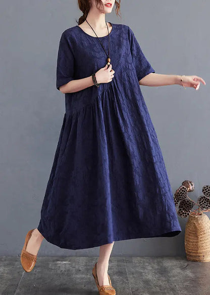 Navy Patchwork Cotton Dresses O-Neck Wrinkled Summer Ada Fashion