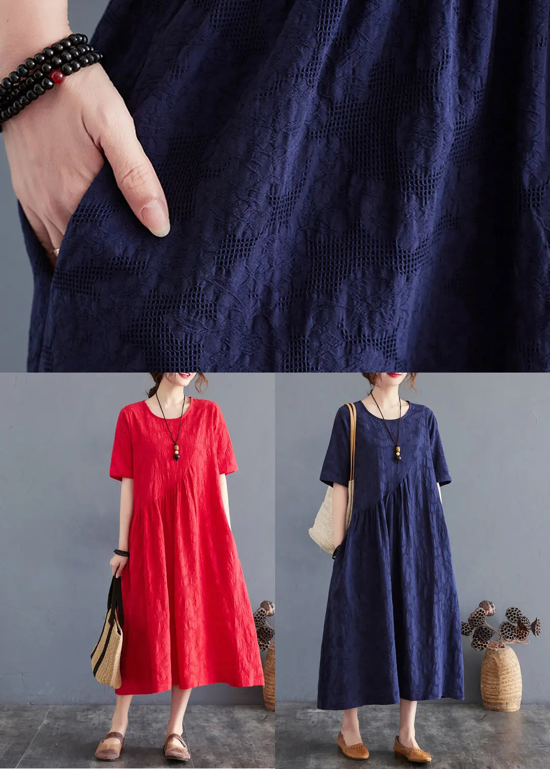 Navy Patchwork Cotton Dresses O-Neck Wrinkled Summer Ada Fashion