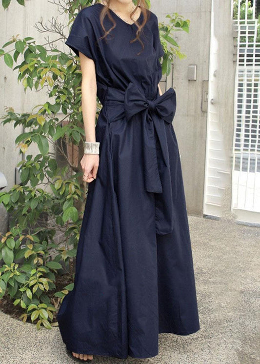 Navy Patchwork Cotton Long Dresses V Neck Wrinkled Summer LY1319 - fabuloryshop