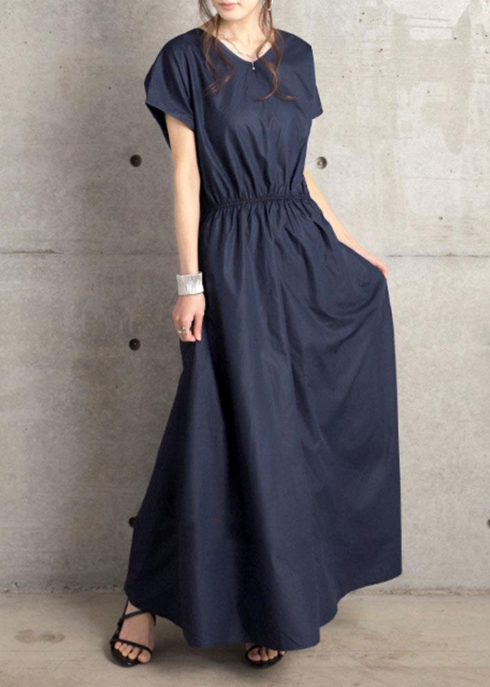 Navy Patchwork Cotton Long Dresses V Neck Wrinkled Summer LY1319 - fabuloryshop