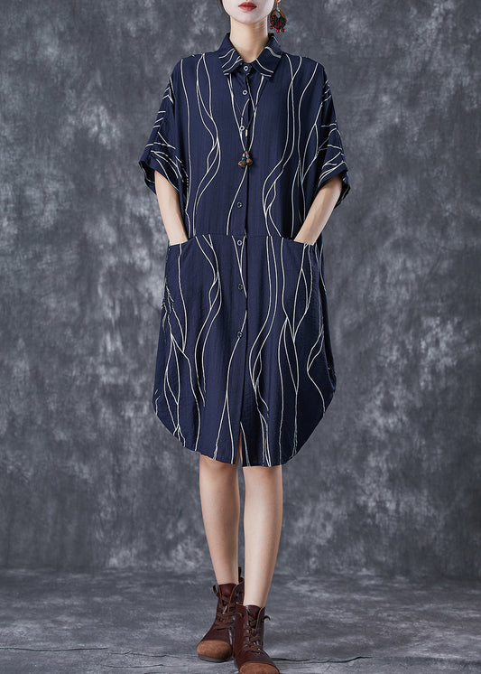Navy Patchwork Cotton Shirt Dress Oversized Striped Summer Ada Fashion
