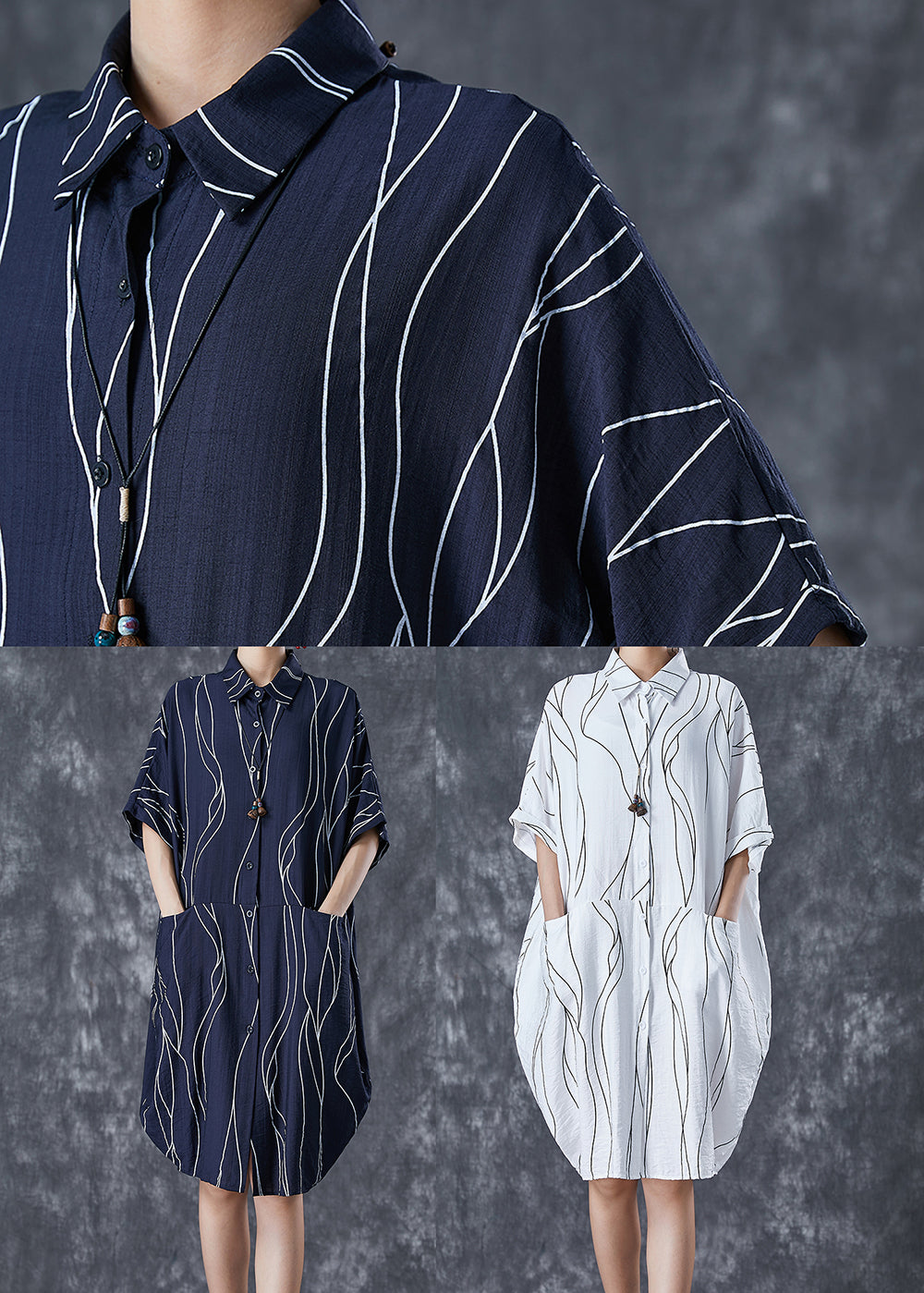 Navy Patchwork Cotton Shirt Dress Oversized Striped Summer Ada Fashion