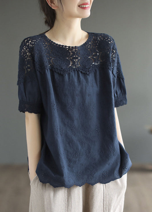 Navy Patchwork Cotton Tank Embroideried Hollow Out Summer TG1052 - fabuloryshop