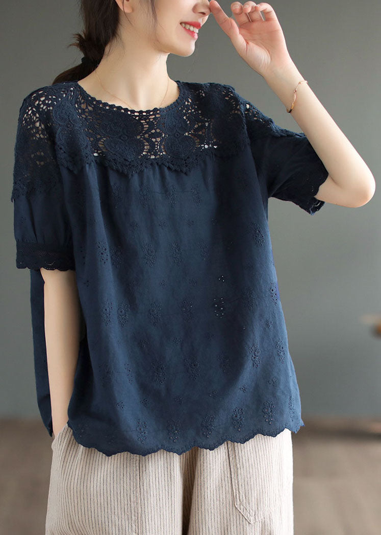 Navy Patchwork Cotton Tank Embroideried Hollow Out Summer TG1052 - fabuloryshop