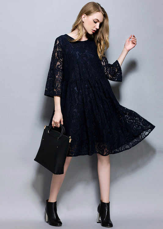 Navy Patchwork Lace A Line Dress O-Neck Oversized Summer LY0298 - fabuloryshop