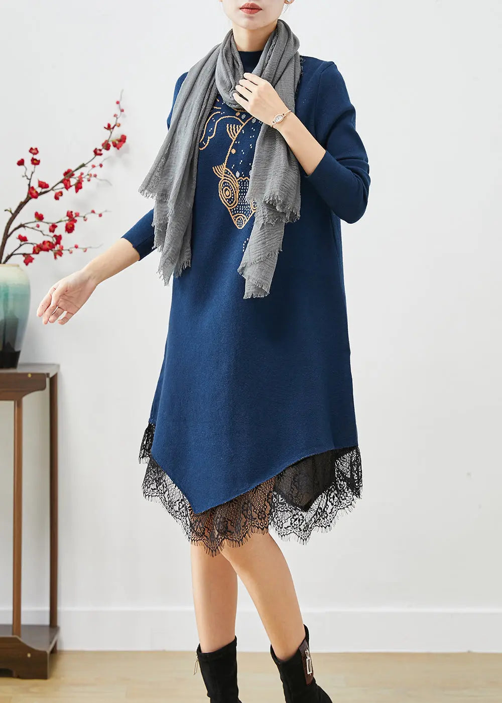 Navy Patchwork Lace Knitted Dress Asymmetrical Print Fall Ada Fashion