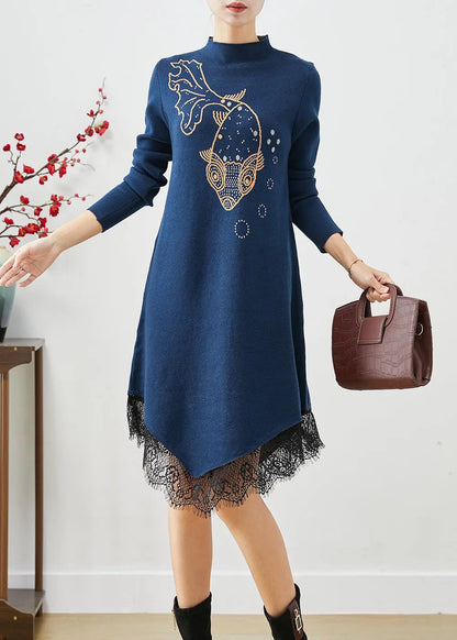 Navy Patchwork Lace Knitted Dress Asymmetrical Print Fall Ada Fashion