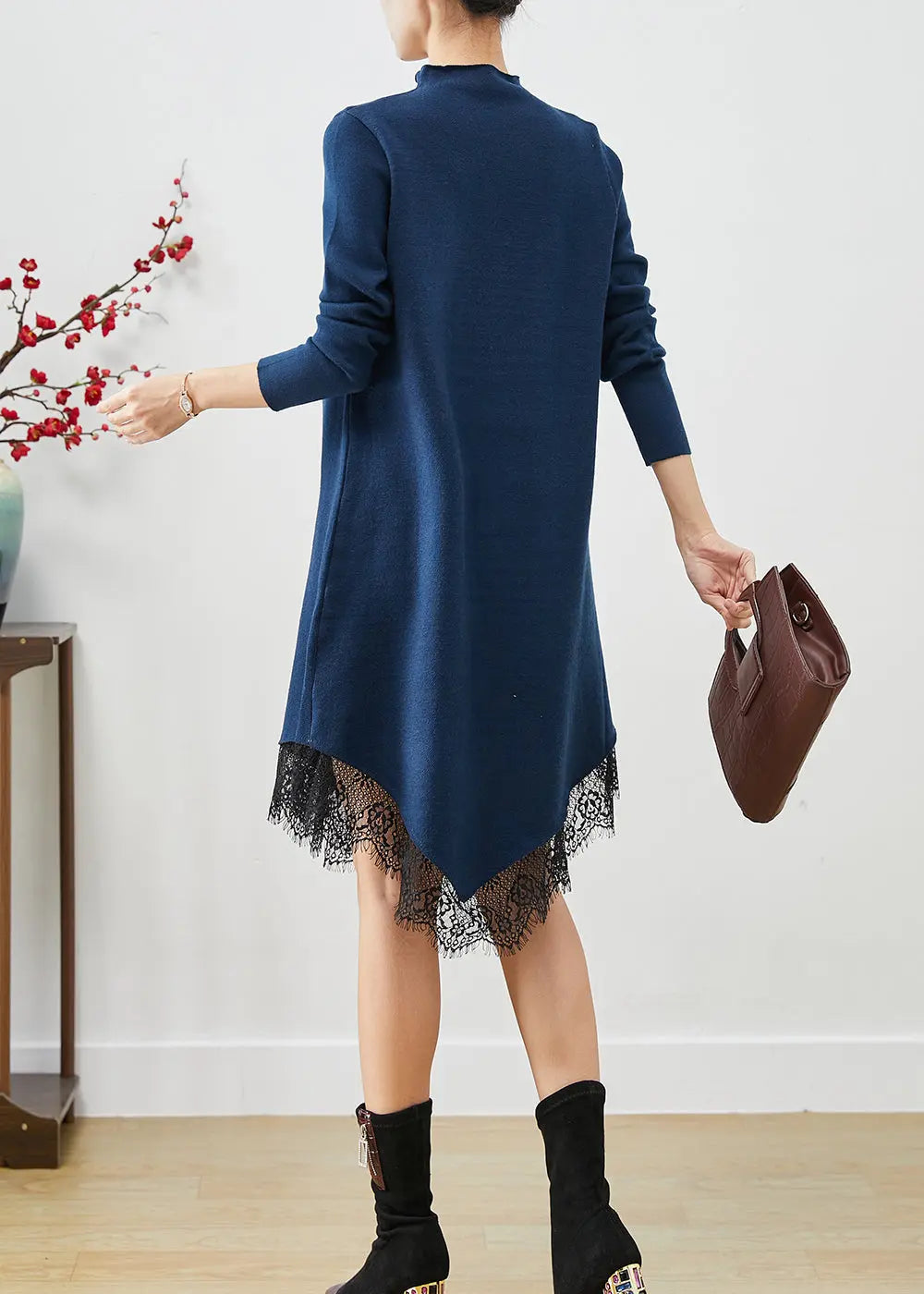 Navy Patchwork Lace Knitted Dress Asymmetrical Print Fall Ada Fashion