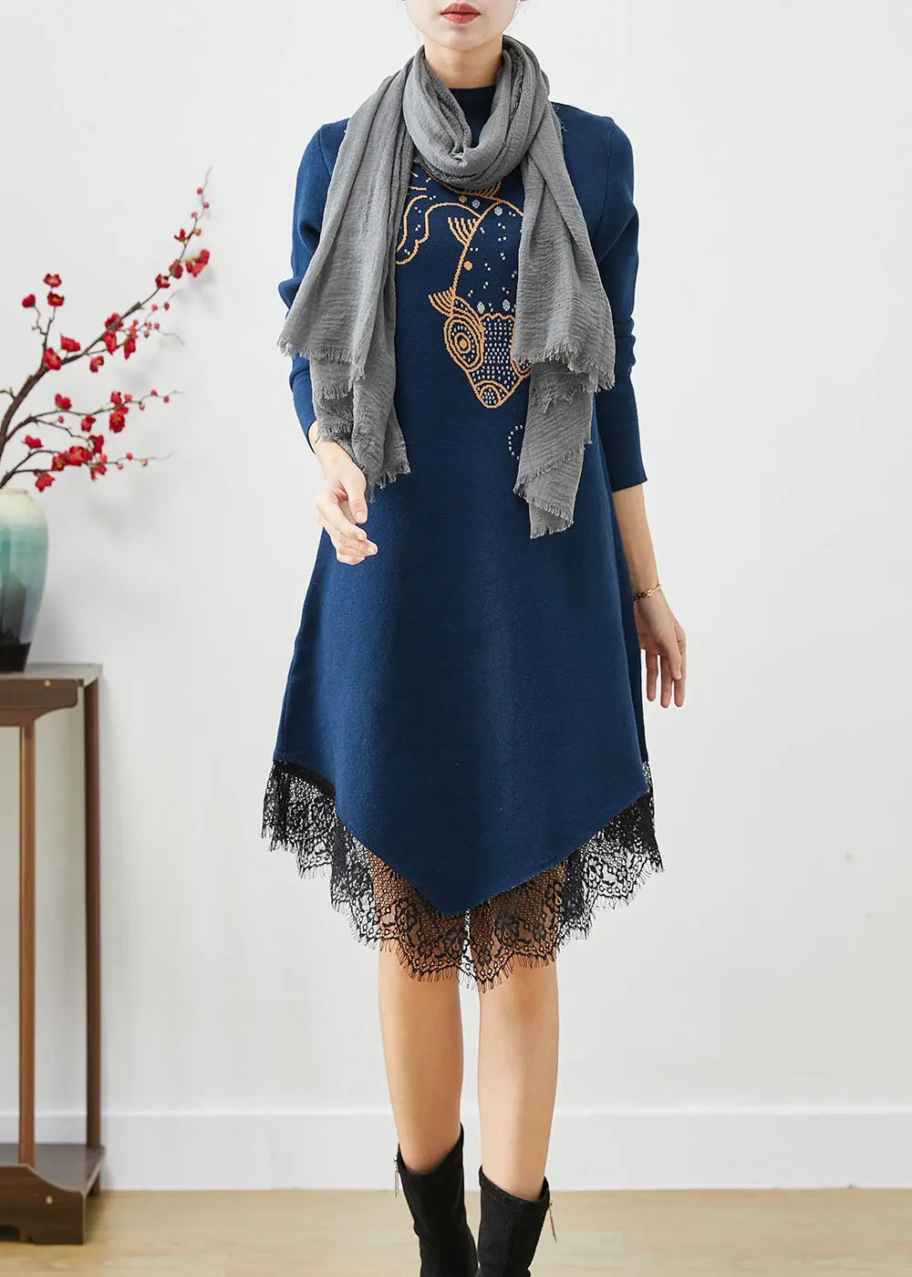 Navy Patchwork Lace Knitted Dress Asymmetrical Print Fall Ada Fashion