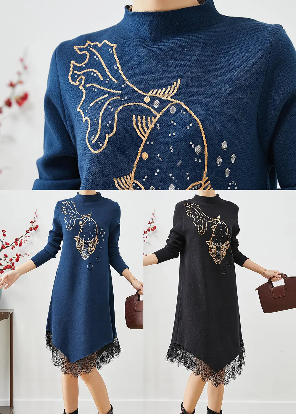 Navy Patchwork Lace Knitted Dress Asymmetrical Print Fall Ada Fashion
