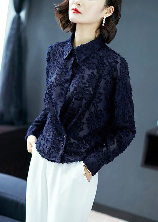 Navy Patchwork Lace Shirt Top Peter Pan Collar Button Long Sleeve TP1016 - fabuloryshop