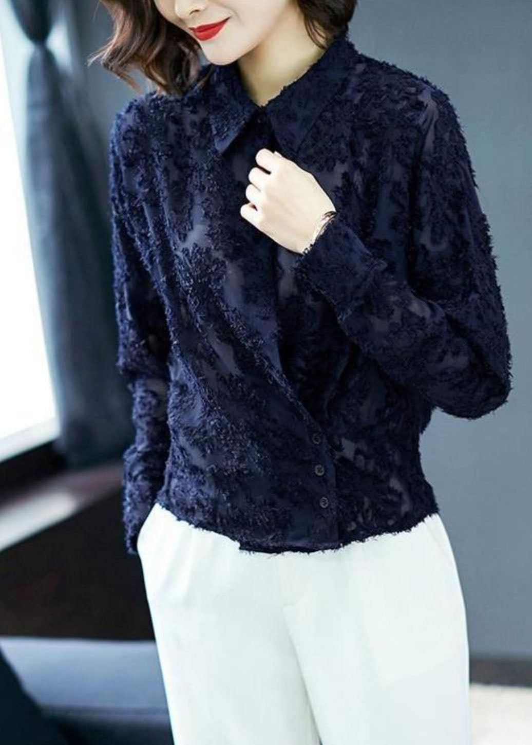 Navy Patchwork Lace Shirt Top Peter Pan Collar Button Long Sleeve TP1016 - fabuloryshop