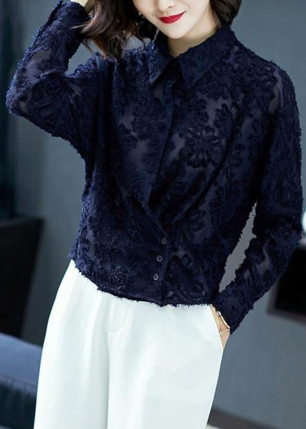 Navy Patchwork Lace Shirt Top Peter Pan Collar Button Long Sleeve TP1016 - fabuloryshop