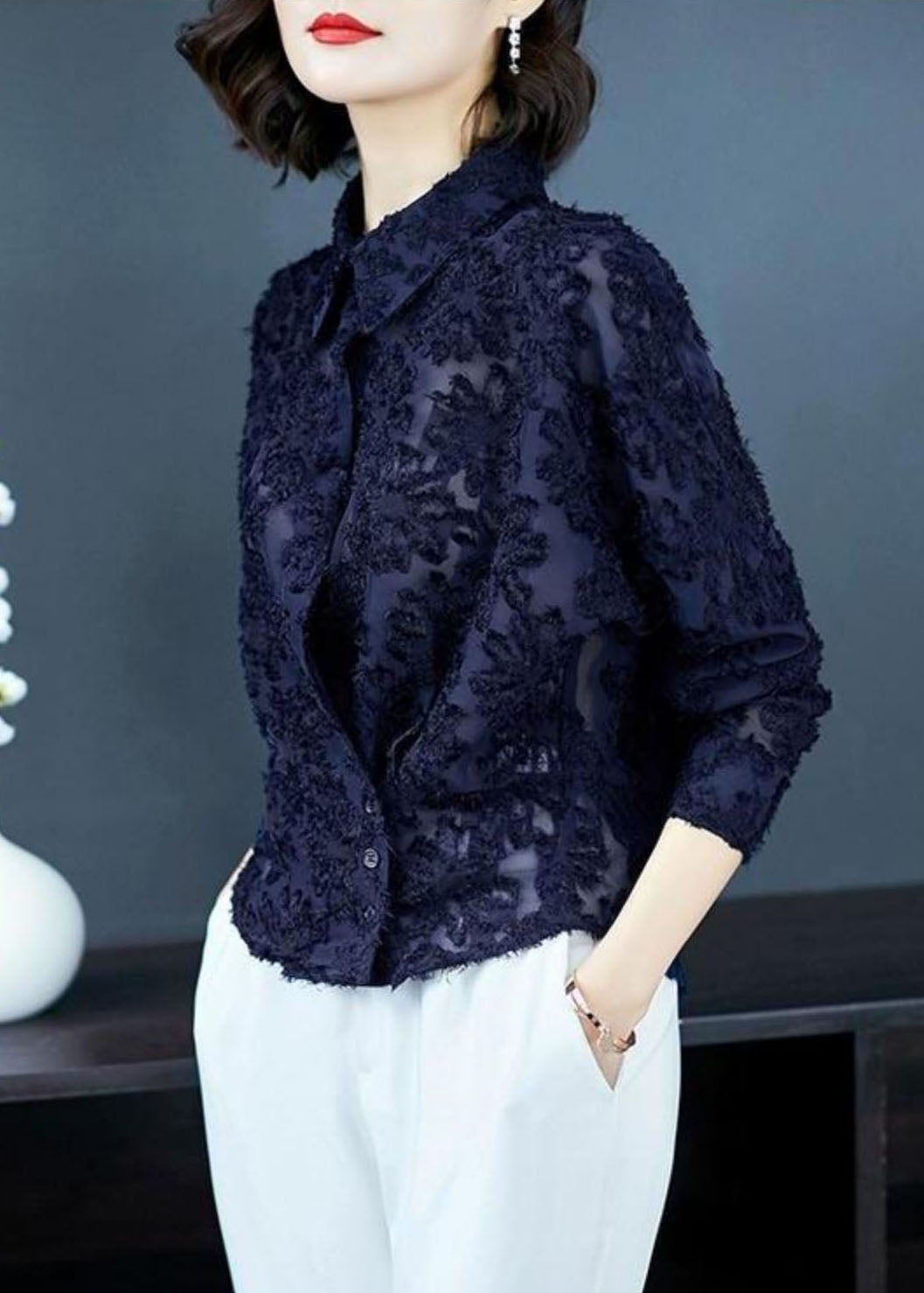 Navy Patchwork Lace Shirt Top Peter Pan Collar Button Long Sleeve TP1016 - fabuloryshop