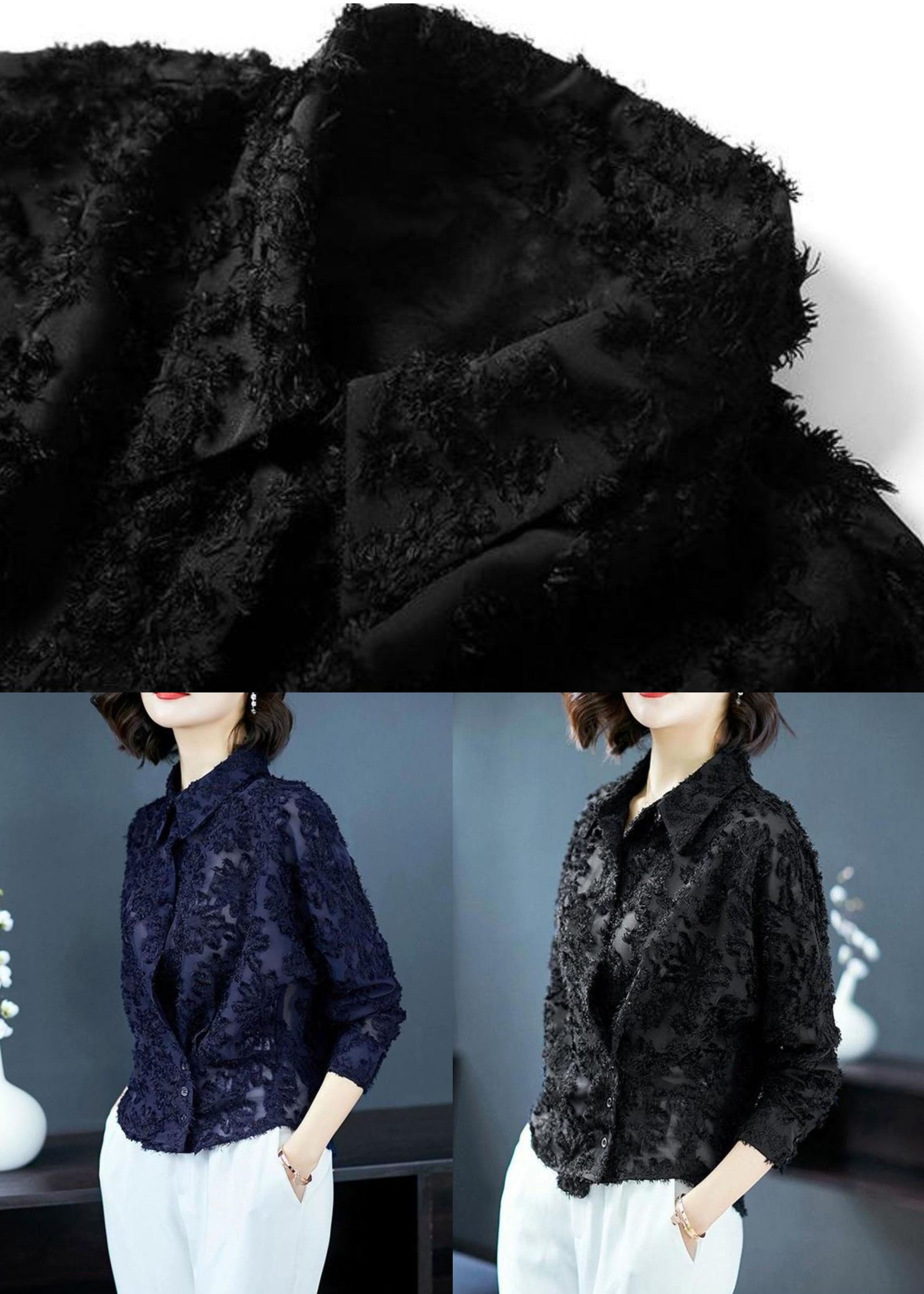 Navy Patchwork Lace Shirt Top Peter Pan Collar Button Long Sleeve TP1016 - fabuloryshop