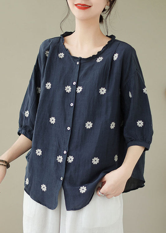 Navy Patchwork Linen Blouses Embroideried Ruffled Summer LY3942 - fabuloryshop