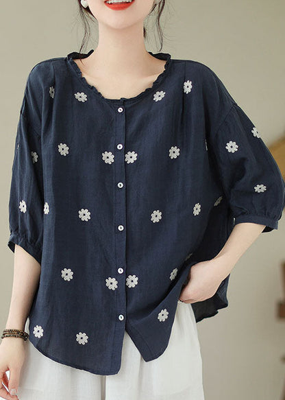 Navy Patchwork Linen Blouses Embroideried Ruffled Summer LY3942 - fabuloryshop