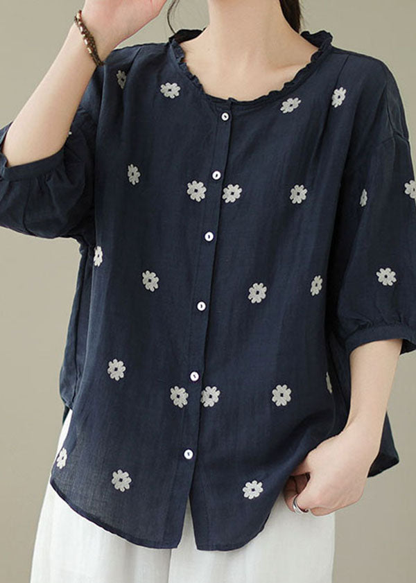 Navy Patchwork Linen Blouses Embroideried Ruffled Summer LY3942 - fabuloryshop