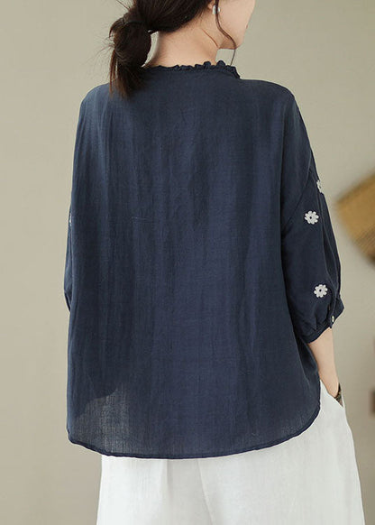 Navy Patchwork Linen Blouses Embroideried Ruffled Summer LY3942 - fabuloryshop