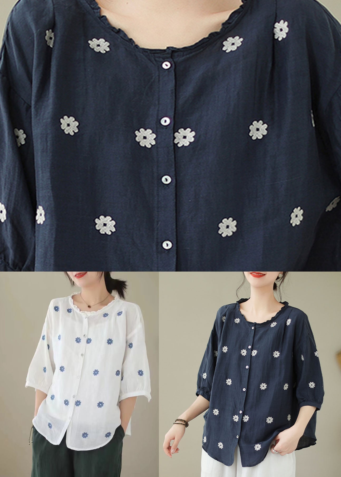 Navy Patchwork Linen Blouses Embroideried Ruffled Summer LY3942 - fabuloryshop