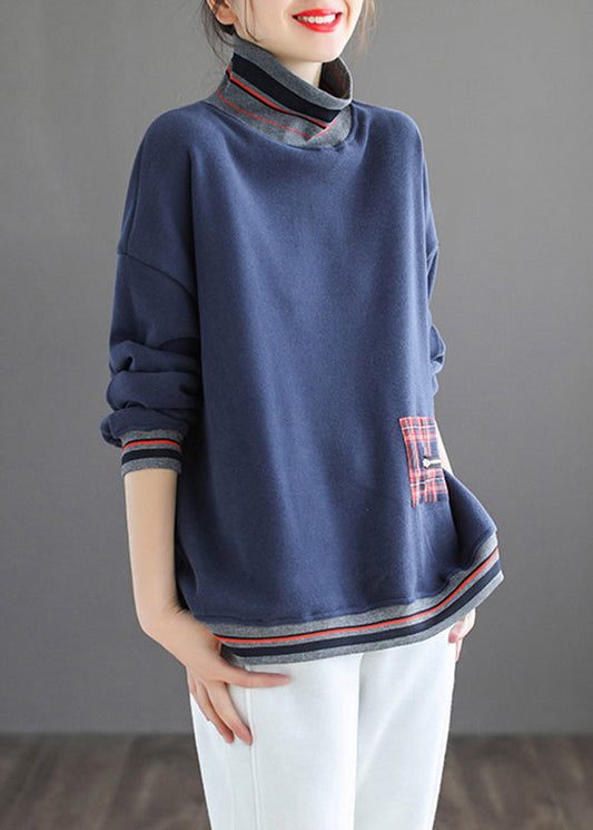 Navy Patchwork Loose Warm Fleece Turtleneck Long Sleeve Ada Fashion