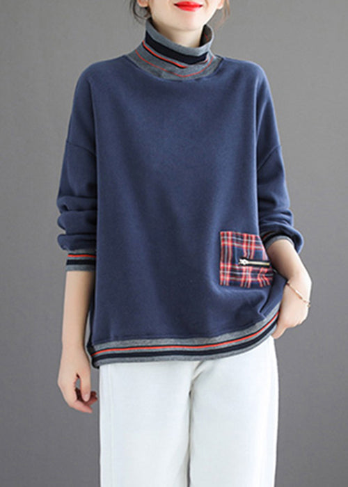 Navy Patchwork Loose Warm Fleece Turtleneck Long Sleeve Ada Fashion