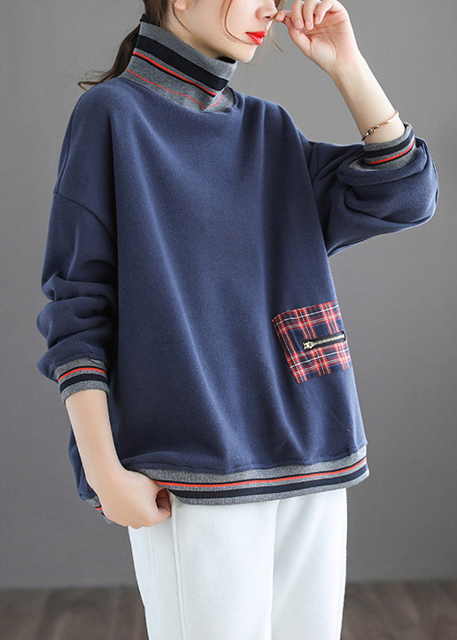 Navy Patchwork Loose Warm Fleece Turtleneck Long Sleeve Ada Fashion