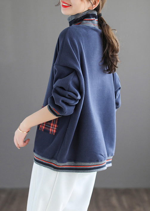 Navy Patchwork Loose Warm Fleece Turtleneck Long Sleeve Ada Fashion