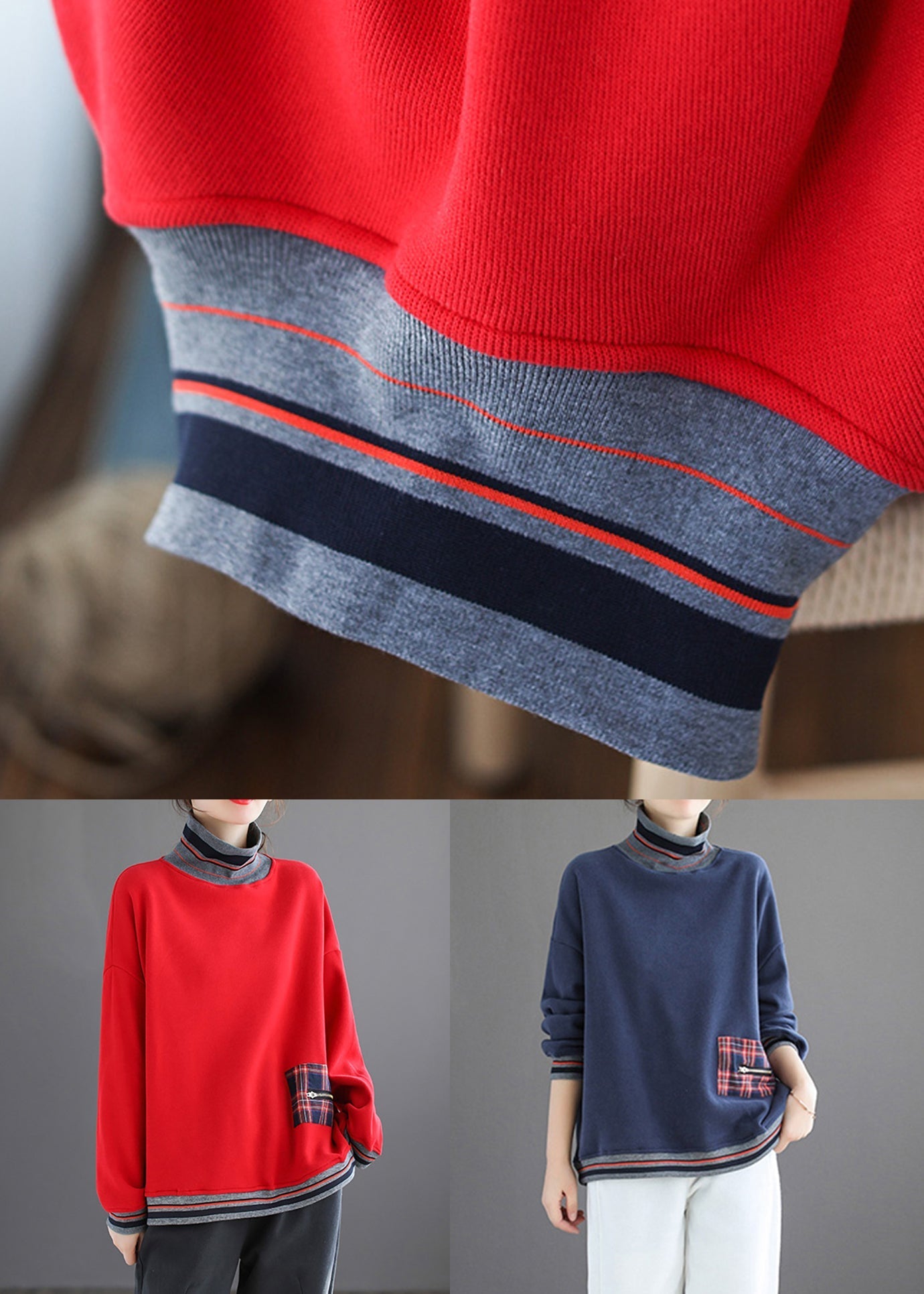 Navy Patchwork Loose Warm Fleece Turtleneck Long Sleeve Ada Fashion