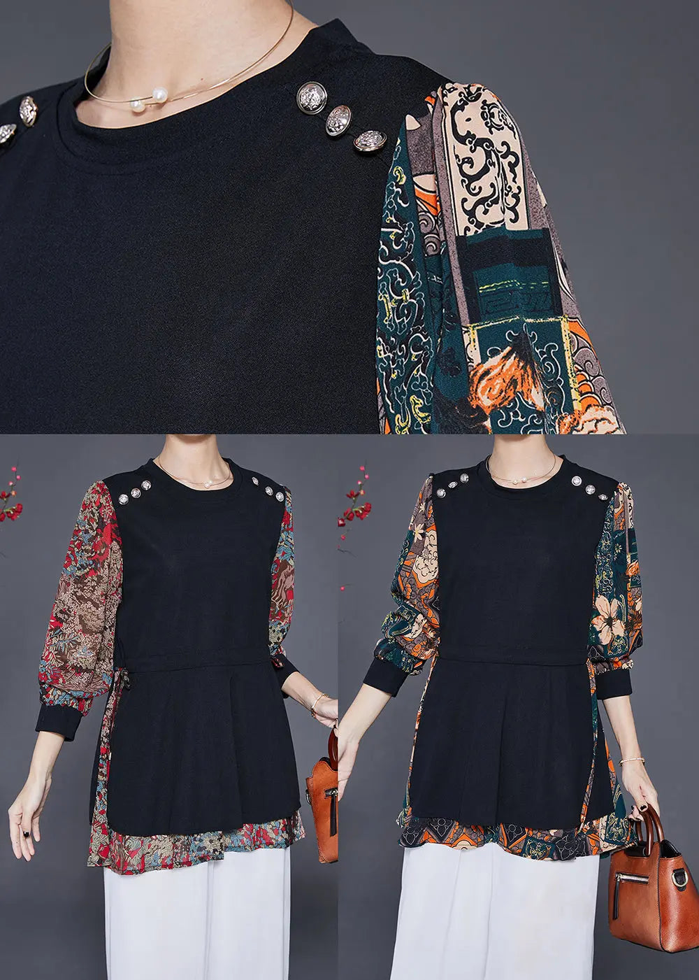 Navy Patchwork Spandex Fake Two Piece Shirts Fall Ada Fashion