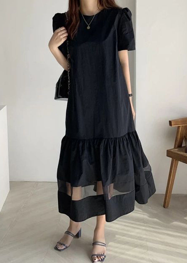 Navy Patchwork Tulle Cotton Holiday Pleated Dress Hollow Out Summer LY2621