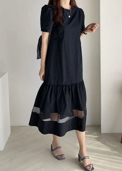 Navy Patchwork Tulle Cotton Holiday Pleated Dress Hollow Out Summer LY2621 - fabuloryshop