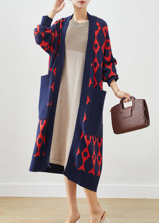 Navy Print Knit Cardigan Oversized Pockets Fall Ada Fashion