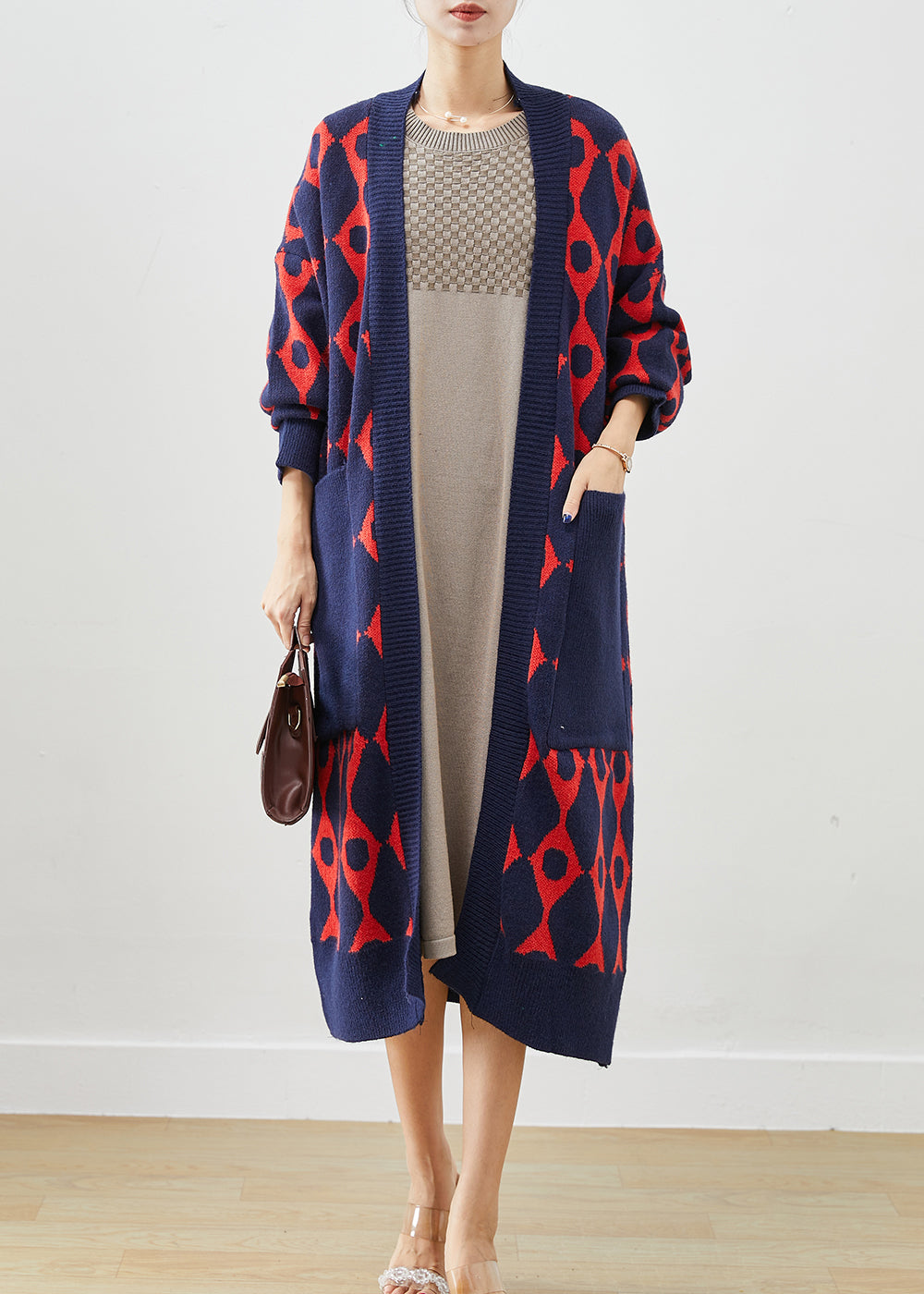 Navy Print Knit Cardigan Oversized Pockets Fall Ada Fashion