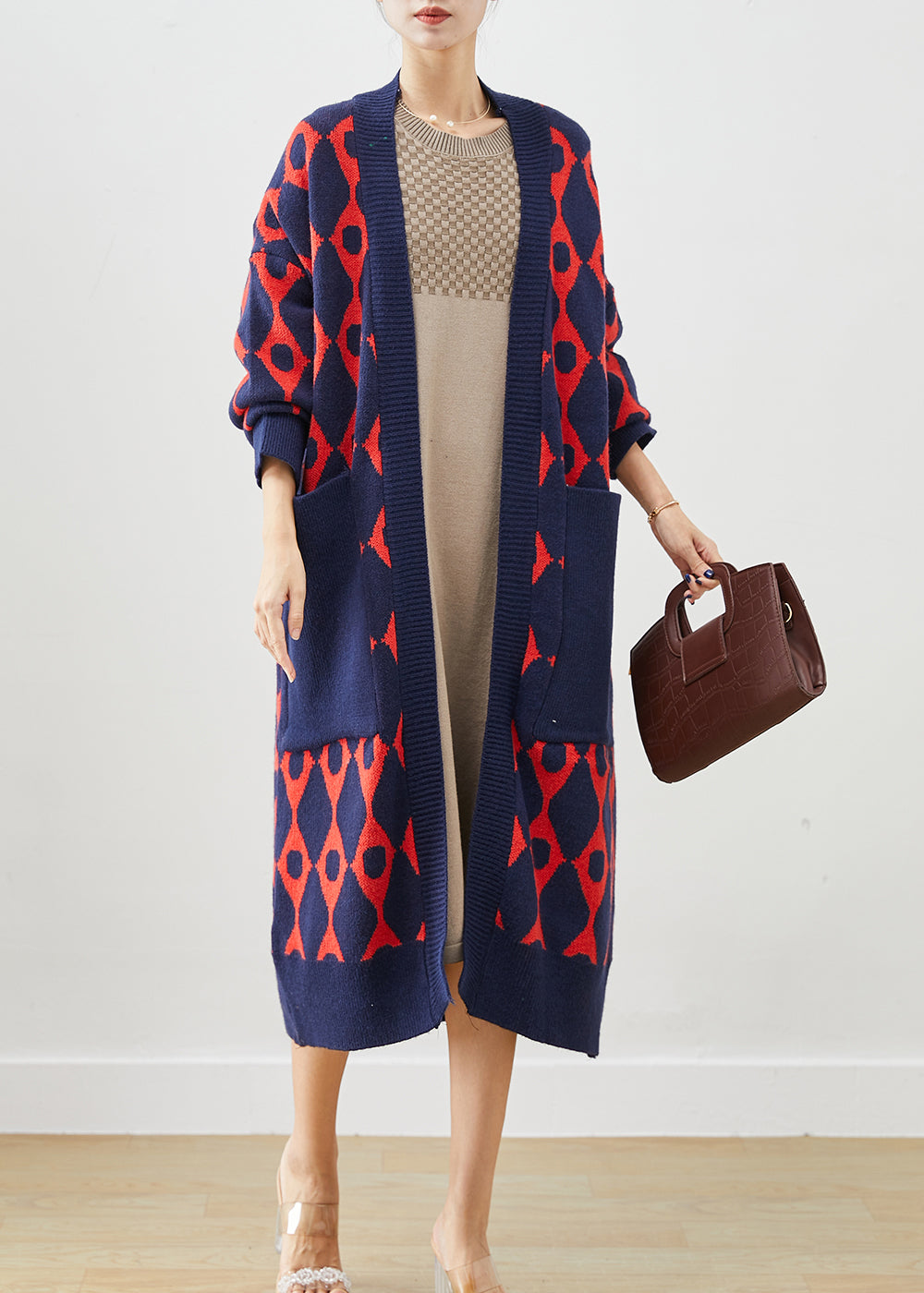 Navy Print Knit Cardigan Oversized Pockets Fall Ada Fashion