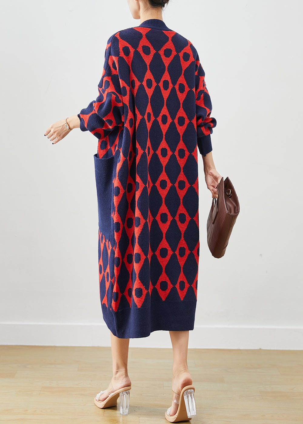 Navy Print Knit Cardigan Oversized Pockets Fall Ada Fashion